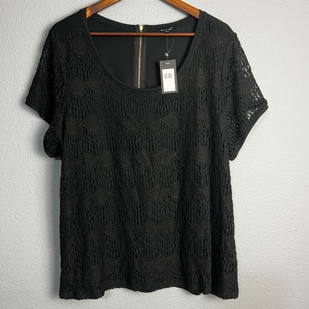 NWT Verve ami Lace Top Blouse Short Sleeve Gold Zipper Back Whimsigoth Black 2X